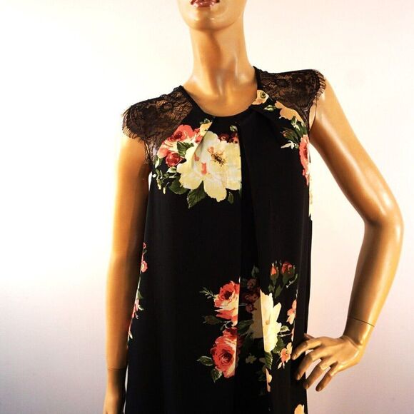 Bobeau Black Floral Shift Dress Womens Sz S Laced Shoulders Inverted Pleat Front - Picture 2 of 11